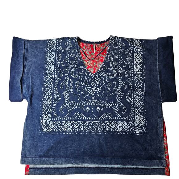 Free People Sweaters - Free People Navy Blue Embroidered Scoop Neck Sweater with Red Accent